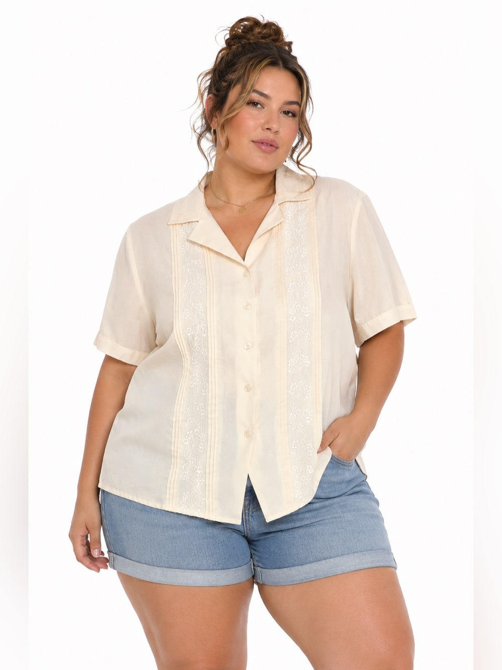 80s/90s Vintage Laura Scott Embroidered Floral Prairie Blouse (Buttercream) 14